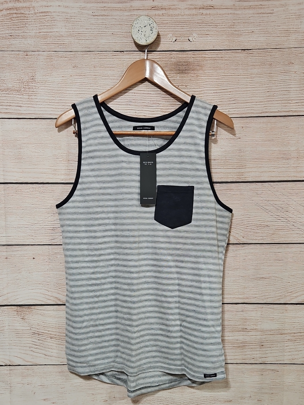 Ocean Current Gray Striped Tank with Black Trim & Pocket Medium